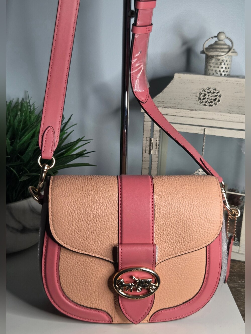 Coach Georgie Saddle Bag Colorblock Pink Beige Crossbody Pebble Leather